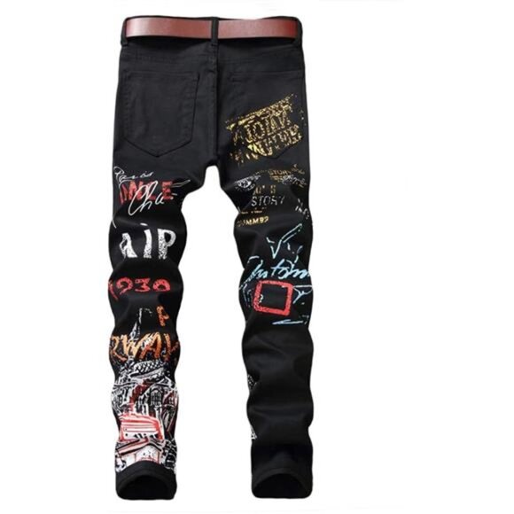 Men's Casual Printed Slim Fit Jeans Skinny Denim Pants - Picture 2 of 6